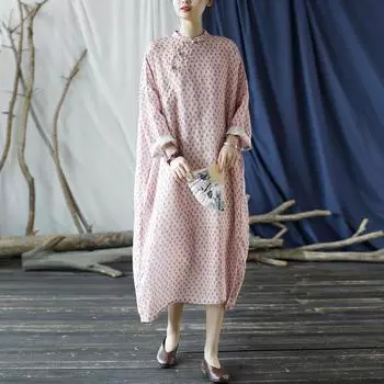 Johnature женское платье в китайском стиле с розовым принтом и цветочным принтом, халаты с длинными рукавами и пуговицами, осеннее свободное платье трапециевидной формы Ramie M розовый