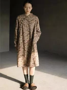 Johnature женское платье в китайском стиле с длинным рукавом и цветочным принтом, осенние хлопковые женские платья трапециевидной формы M светло-желтого