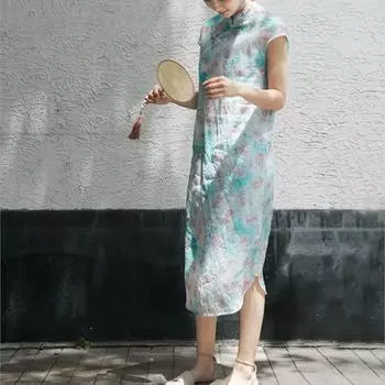 Johnature женское платье в китайском стиле с короткими рукавами и цветочным принтом, летнее винтажное платье трапециевидной формы на пуговицах M светло-синий