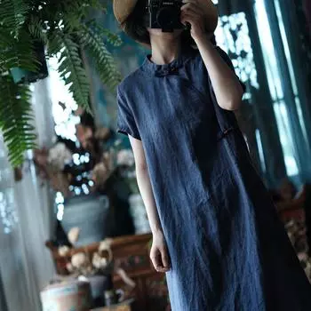 Johnature Женское платье в китайском стиле с коротким рукавом и стойкой, летнее однотонное платье А-силуэта на пуговицах One Size синий