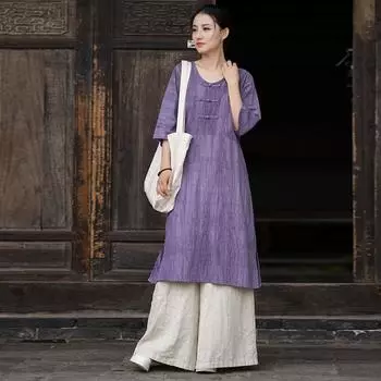 Johnature женское платье в китайском стиле с v-образным вырезом и половиной рукавов летнее винтажное женское платье трапециевидной формы с принтом тай-дай One Size фиолетовый
