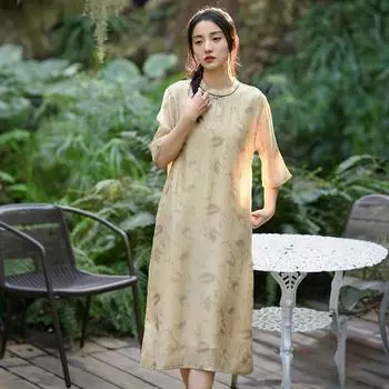 Johnature женское платье в китайском стиле со стойкой с семью рукавами и цветочным принтом летние винтажные женские платья трапециевидной формы XXL