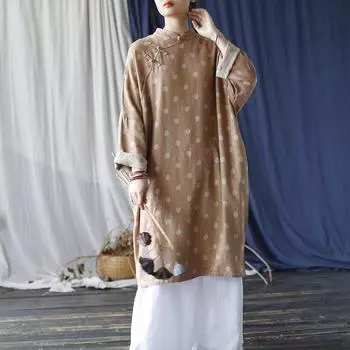 Johnature Женское платье в китайском стиле с длинным рукавом в горошек, осеннее платье-трапеция на пуговицах One Size