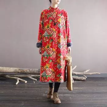 Johnature женское плюшевое стеганое платье с цветочным принтом, винтажное свободное платье со стойкой с длинными рукавами, зимняя хлопково-льняная одежда One Size зелёный