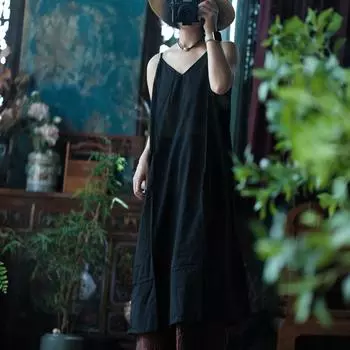 Johnature Женское повседневное черное платье с V-образным вырезом, летнее платье А-силуэта без рукавов One Size чёрный