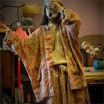 Johnature женское повседневное свободное пальто в стиле ретро со снежинками и принтом льняное винтажное осеннее пальто с длинными рукавами в китайском стиле One Size красный