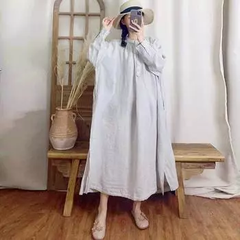 Johnature женское японское свободное платье нерегулярной формы весеннее однотонное винтажное женское платье с круглым вырезом на пуговицах One Size светло-серый