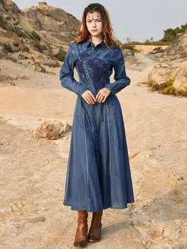 Johnature женское свободное платье с вышивкой винтажное элегантное отложным воротником нерегулярные весенние платья с длинным рукавом S синий