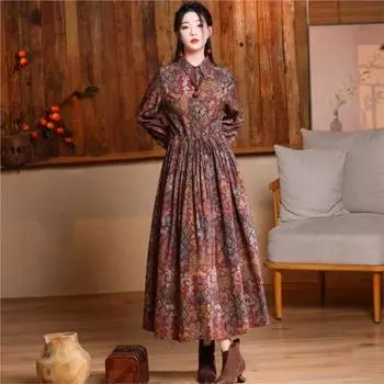Johnature женское весеннее хлопковое платье трапециевидной формы с цветочным принтом в стиле ретро, модное повседневное винтажное платье с длинными рукавами L кофейный