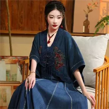 Johnature женское весеннее хлопковое винтажное пальто в китайском стиле с вышивкой и половиной рукава One Size синий