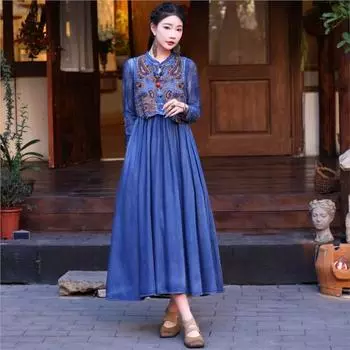 Johnature женское весеннее индивидуальное ковбойское платье без рукавов с вышивкой в китайском стиле, винтажное нишевое платье трапециевидной формы в стиле ретро M