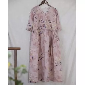 Johnature женское весеннее модное льняное платье с v-образным вырезом и короткими рукавами, винтажное повседневное платье в китайском стиле S розовый