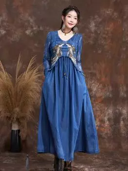 Johnature женское весеннее модное платье с вышивкой, винтажное однотонное повседневное платье на подтяжках L синий