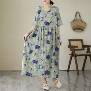 Johnature Женское весеннее модное платье трапециевидной формы с v-образным вырезом и короткими рукавами, свободное винтажное платье с короткими рукавами и принтом One Size светло-синий