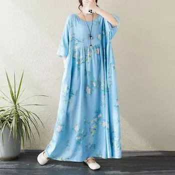 Johnature женское весеннее модное платье трапециевидной формы с короткими рукавами и круглым вырезом в китайском стиле, винтажное свободное платье One Size синий