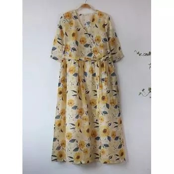 Johnature Женское весеннее модное платье в китайском стиле Нишевое повседневное винтажное платье в стиле ретро с v-образным вырезом и принтом S жёлтый