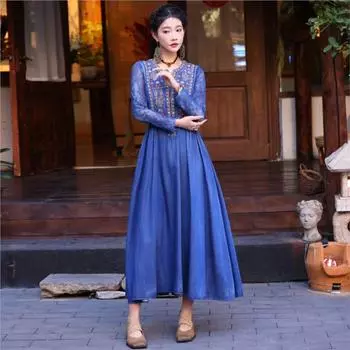 Johnature женское весеннее модное повседневное ковбойское платье трапециевидной формы в китайском стиле с вышивкой в винтажном стиле платье без рукавов M