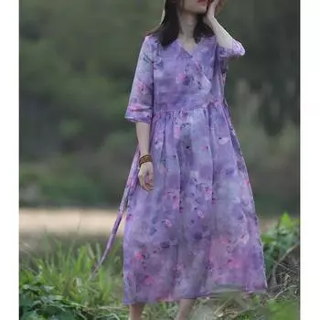 Johnature Женское весеннее модное повседневное платье в китайском стиле с v-образным вырезом Нишевое платье в винтажном стиле с принтом M темно-фиолетового