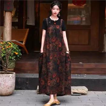 Johnature женское весеннее модное повседневное свободное платье в винтажном стиле Нишевое платье с абстрактным принтом на подтяжках One Size