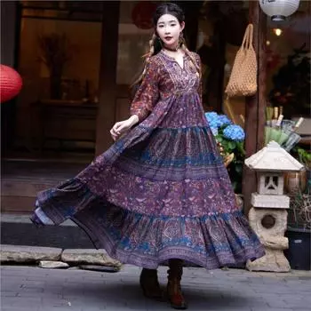 Johnature женское весеннее модное свободное платье в китайском стиле с принтом, индивидуальное платье с длинными рукавами, повседневное винтажное платье