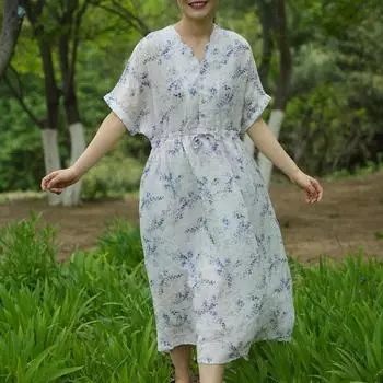 Johnature женское весеннее модное винтажное платье с короткими рукавами и принтом в китайском стиле, повседневное стринговое платье с v-образным вырезом XXXS светло-синий