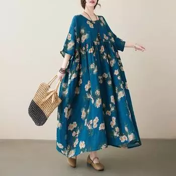 Johnature Женское весеннее модное винтажное свободное платье в китайском стиле с короткими рукавами и круглым вырезом One Size синий