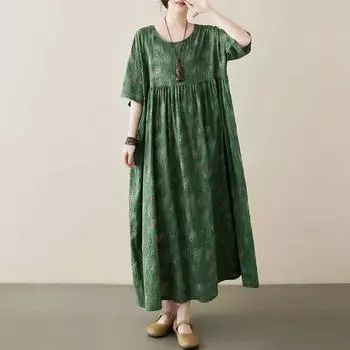 Johnature женское весеннее нишевое индивидуальное платье с круглым вырезом и короткими рукавами, винтажное платье для сращивания One Size темно-желтого