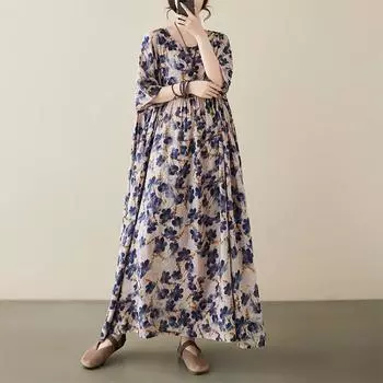 Johnature женское весеннее нишевое платье с принтом в винтажном стиле с круглым вырезом повседневное платье модное индивидуальное платье с короткими рукавами One Size темно-синий