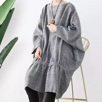 Johnature женское весеннее нишевое платье в стиле ретро с длинными рукавами, свободное однотонное платье с круглым вырезом и нерегулярной формой One Size серый