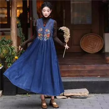 Johnature женское весеннее платье без рукавов в китайском стиле с вышивкой и v-образным вырезом, винтажное свободное хлопковое повседневное большое свободное платье M синий