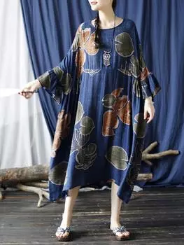 Johnature женское весеннее платье с расклешенными рукавами и цветочным принтом, свободные халаты с круглым вырезом и семью рукавами, женское винтажное платье из смеси хлопка One Size синий