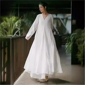 Johnature женское весеннее платье в китайском стиле с длинными рукавами в стиле ретро, модное однотонное нишевое платье с v-образным вырезом S чёрный