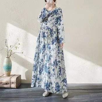 Johnature женское весеннее платье в винтажном стиле с длинными рукавами, повседневное свободное платье в китайском стиле с круглым вырезом и принтом L синий