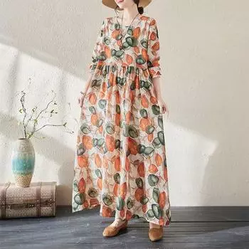 Johnature женское весеннее повседневное платье в винтажном стиле с нишевым принтом в стиле ретро и длинными рукавами с круглым вырезом, свободное платье L оранжевый