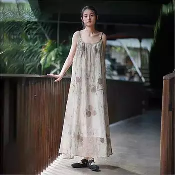 Johnature женское весеннее повседневное платье в китайском стиле с растительным принтом индивидуальное платье без рукавов в стиле ретро с круглым вырезом в винтажном стиле S хаки
