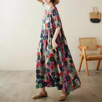 Johnature женское весеннее ретро с круглым вырезом повседневное платье трапециевидной формы в винтажном стиле с принтом и короткими рукавами свободное платье One Size красный