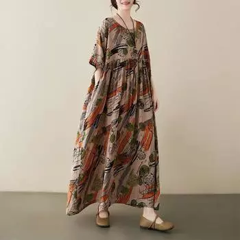 Johnature Женское весеннее свободное платье трапециевидной формы с короткими рукавами и круглым вырезом в китайском стиле One Size кофейный