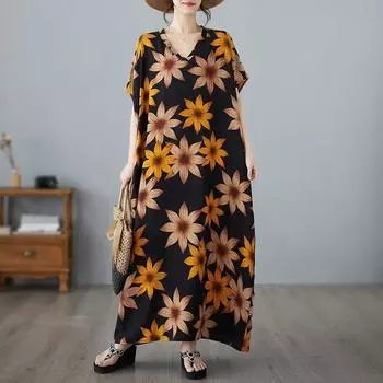 Johnature Женское весеннее свободное платье трапециевидной формы с v-образным вырезом и рукавами, винтажное повседневное платье в китайском стиле One Size чёрный