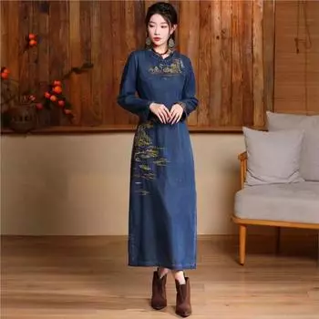 Johnature, женское весеннее винтажное хлопковое платье с воротником в китайском стиле с длинными рукавами и вышивкой M синий