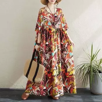 Johnature женское весеннее винтажное платье с короткими рукавами и круглым вырезом с принтом, свободное платье в китайском стиле One Size