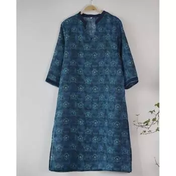 Johnature женское весеннее винтажное платье в китайском стиле с v-образным вырезом модное повседневное индивидуальное платье с короткими рукавами и принтом M тёмно-синий