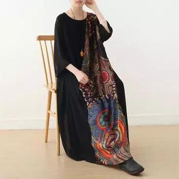 Johnature женское весеннее винтажное свободное модное платье в китайском стиле с индивидуальным принтом и длинными рукавами с круглым вырезом в стиле ретро One Size