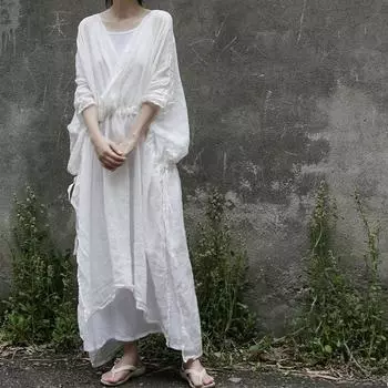 Johnature женское винтажное бандажное летнее платье Ramie с v-образным вырезом и короткими рукавами, однотонное свободное женское платье One Size светло-желтого