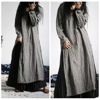 Johnature женское винтажное черное клетчатое льняное платье с круглым вырезом и длинными рукавами, осенние халаты, свободные платья на пуговицах в китайском стиле One Size чёрный