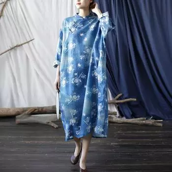 Женское винтажное платье Johnature с рукавами-летучей мышью и цветочным принтом, синее, осеннее, в китайском стиле, свободные платья M синий