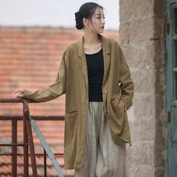 Johnature женское винтажное хлопковое пальто рами на заказ однотонная одежда с длинными рукавами и карманами осенние свободные пальто One Size жёлтый