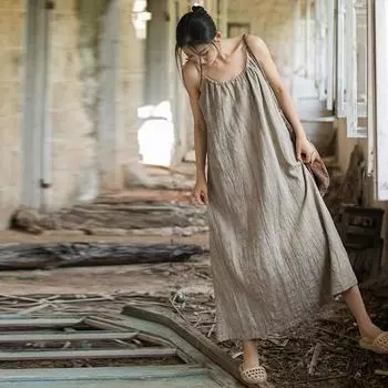 Johnature женское винтажное хлопковое платье на бретельках Ramie летние женские однотонные платья без рукавов One Size легкие хаки