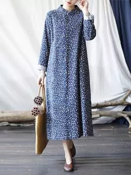 Johnature женское винтажное хлопковое платье с длинными рукавами и цветочным принтом Cheongsam, осеннее женское платье на пуговицах L вино красного