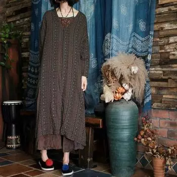 Johnature женское винтажное хлопковое платье с цветочным принтом, осеннее мягкое осеннее платье с v-образным вырезом и длинными рукавами, свободное женское свободное платье