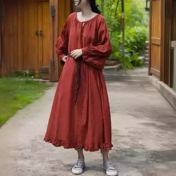 Johnature женское винтажное красное платье с круглым вырезом и семью рукавами, весенние халаты, весеннее свободное женское хлопковое платье трапециевидной формы в китайском стиле M темно-красного